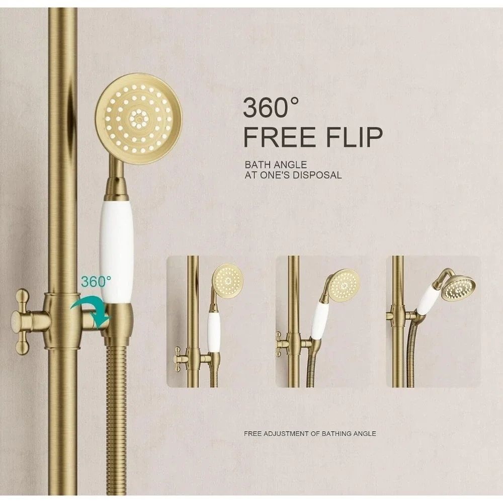 Auleend Brushed Gold Adjustable Slide Bar Shower System with Handheld Head